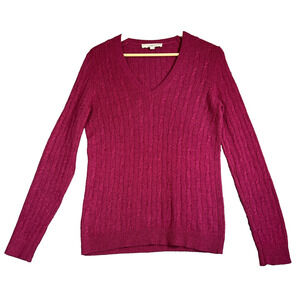 Loft Sweater Small Pink Long Sleeve Cable Knit V Neck Soft Wool Rabbit Blend